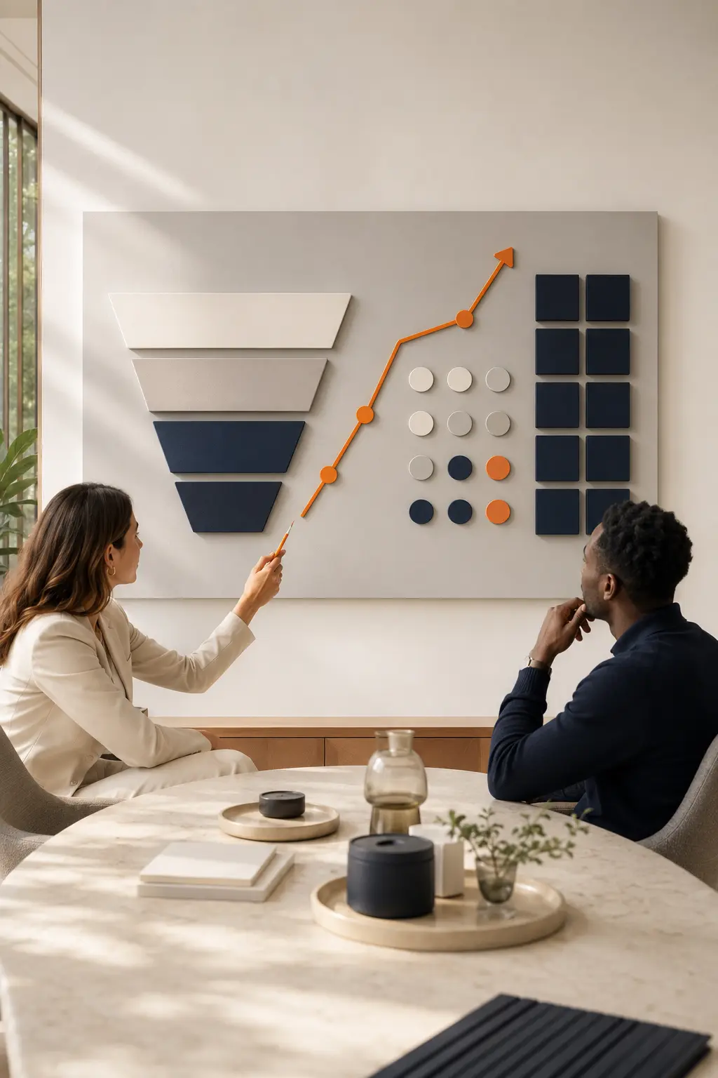 Strategy meeting around a visual performance and conversion board