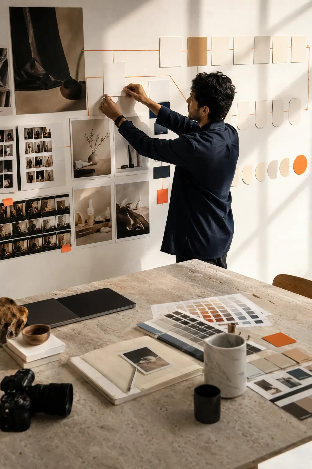 Creative strategist planning a content system with campaign images and a visual production wall