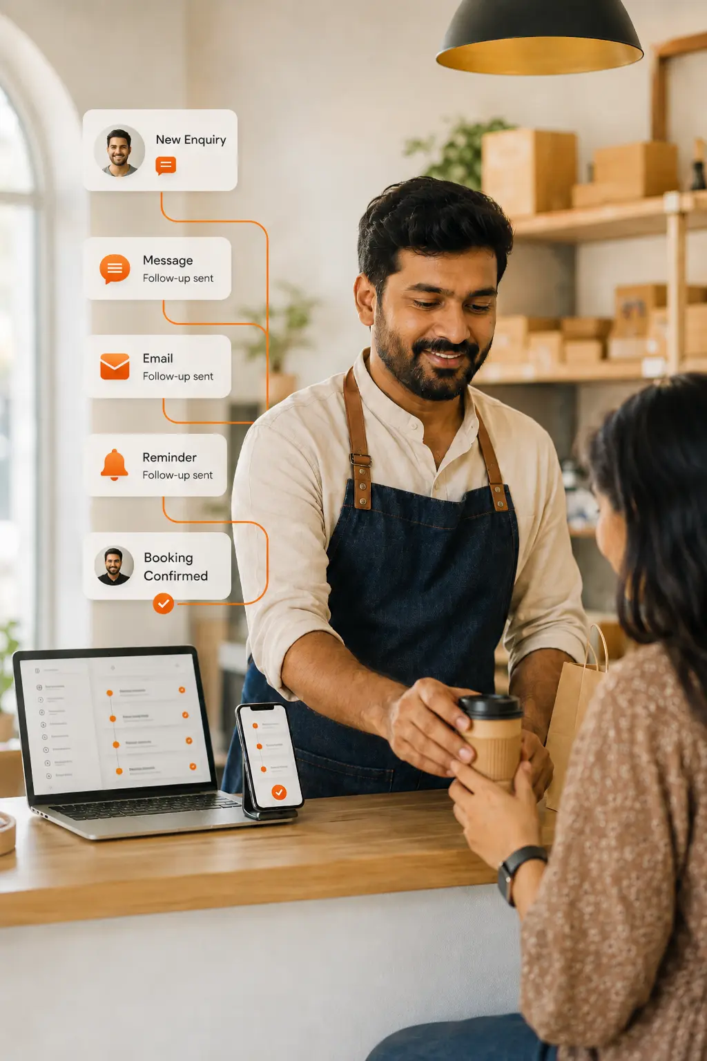 Business owner serving a customer while a lead follow-up workflow completes in the background