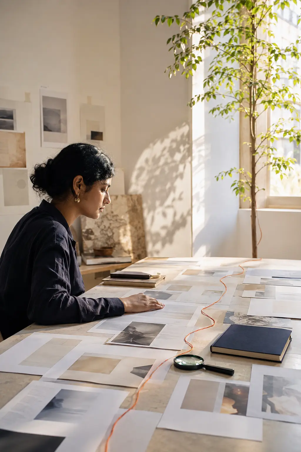Researcher working with article layouts and content planning materials